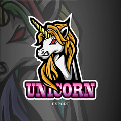 Unicorn mascot esport logo design.