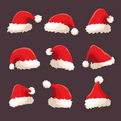 Realistic set of red santa hats. New Year red hat