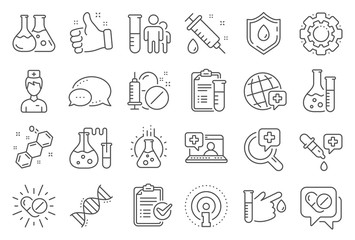 Medical healthcare, doctor line icons. Drug testing, scientific discovery and disease prevention signs. Chemical formula, medical doctor research, chemistry testing lab icons. Line signs set. Vector