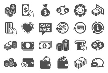 Money icons. Set of Banking, Wallet and Coins icons. Credit card, Currency exchange and Cashback money service. Euro and Dollar, Cash wallet, exchange. Banking credit card, atm payment. Vector