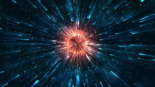 Abstract video of an expanding fire sphere in dark space and bright light rays
