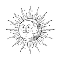 The face of the sun and moon. Retro illustration.
