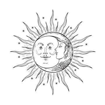 The face of the sun and moon. Retro illustration.
