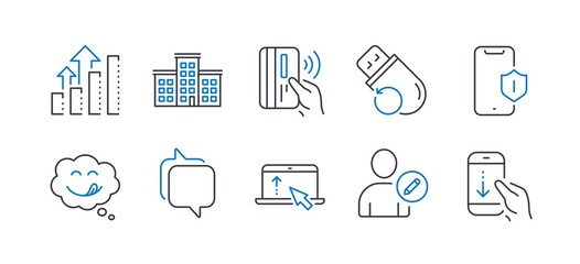Fototapeta premium Set of Technology icons, such as Edit user, Smartphone protection, Swipe up, Company, Yummy smile, Messenger, Contactless payment, Analysis graph, Flash memory, Scroll down line icons. Vector