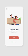 happy couple holding cardboard boxes moving to new home concept portrait smartphone screen online mobile app vertical vector illustration