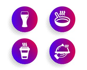 Beer glass, Frying pan and Takeaway icons simple set. Halftone dots button. Restaurant food sign. Brewery beverage, Cooking utensil, Takeout coffee. Room service. Food and drink set. Vector