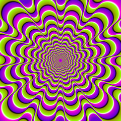 Green, pink and purple spirals. Motion illusion.
