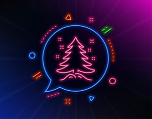 Christmas tree present line icon. Neon laser lights. New year spruce sign. Fir-tree symbol. Glow laser speech bubble. Neon lights chat bubble. Banner badge with christmas tree icon. Vector