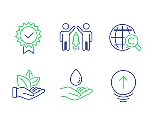Partnership, Water care and Organic product line icons set. International Ð¡opyright, Certificate and Swipe up signs. Business startup, Aqua drop, Leaf. World copywriting. Vector
