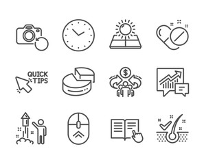 Fototapeta premium Set of Science icons, such as Medical pills, Quick tips, Time, Swipe up, Anti-dandruff flakes, Pie chart, Accounting, Fireworks, Recovery photo, Sharing economy, Sun energy line icons. Vector