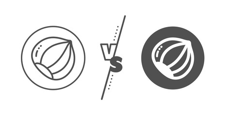 Tasty nut sign. Versus concept. Hazelnut line icon. Vegan food symbol. Line vs classic hazelnut icon. Vector