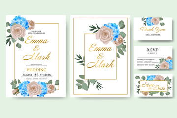 Wedding floral invitation card save the date design with green leaf herbs eucalyptus, blue hydrangea, rose, frame. Botanical elegant decorative vector template