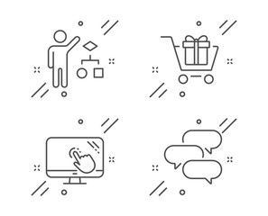 Algorithm, Touch screen and Shopping cart line icons set. Talk bubble sign. Developers job, Web support, Gift box. Chat message. Technology set. Line algorithm outline icon. Vector