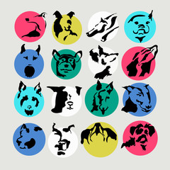 Dogs silhouette isolated black on colored circles background
