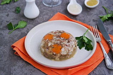Cold appetizer, portioned meat jelly of pork, beef and chicken on a white clay plate on a gray concrete background. Holiday snacks for New Year. Russian cuisine. Selective focus.