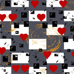 Pattern hearts, stamps and flying birds on chessboard background