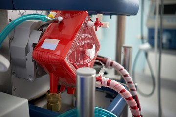 Medicine. Extracorporeal membrane oxygenation. Working ecmo machine in intensive care department. Closeup oxygenator of ECMO.