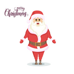 Santa in Flat style isolated on white. Vector illustration. Happy New Year and Christmas. Hand made Lettering