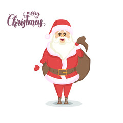 Santa with a bag of gifts. Flat style illustration. Happy New Year and Christmas. Hand made Lettering