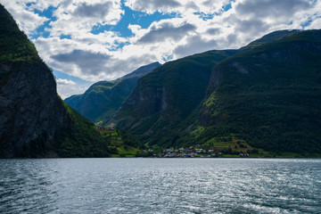 Fototapeta premium The Aurlandsfjord - a narrow, lush branch of Norway s longest fjord, the Sognefjord. July 2019