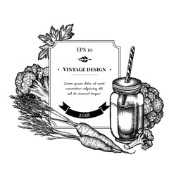 Badge design with black and white broccoli, greenery, carrot, smothie jars