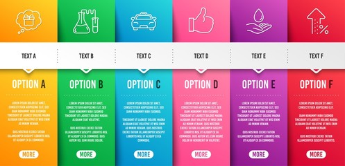 Water care, Taxi and Gift dream line icons set. Infographic timeline. Like, Chemistry lab and Increasing percent signs. Aqua drop, Passengers transport, Receive a gift. Thumbs up. Business set. Vector