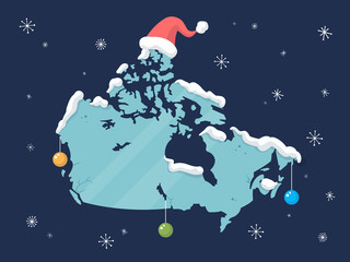 Frozen ice map of the Canada decorated with Christmas ornaments and Santa Claus hat with winter snowflakes in background vector illustration in vintage cartoon style
