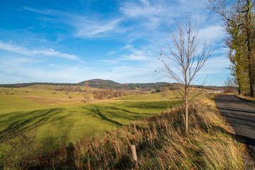 Fototapeta na wymiar Panoramic view of fields near Unislaw slaski, and Rybnicy lesnej. Autum sunny weather, vivid colors.