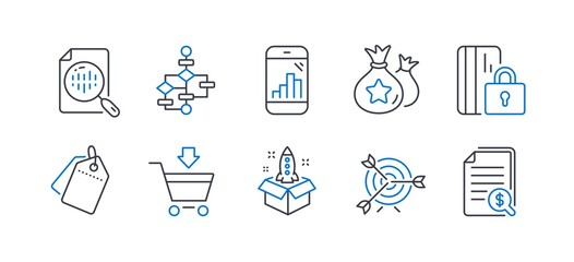 Set of Finance icons, such as Block diagram, Online market, Sale tags, Graph phone, Startup, Loyalty points, Target, Blocked card, Analytics chart, Financial documents line icons. Vector