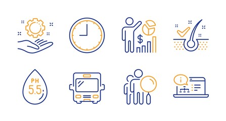 Employee hand, Anti-dandruff flakes and Ph neutral line icons set. Search people, Seo statistics and Bus signs. Time, Online documentation symbols. Work gear, Healthy hair. Technology set. Vector