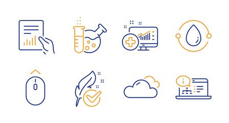 Cloudy weather, Medical analytics and Chemistry lab line icons set. Hypoallergenic tested, Cold-pressed oil and Document signs. Swipe up, Online documentation symbols. Line cloudy weather icon. Vector