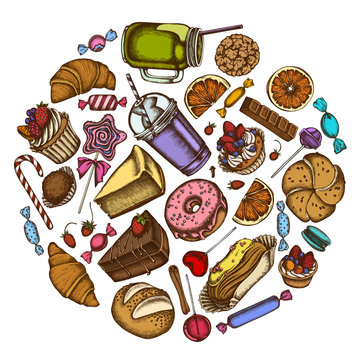 Round design with colored cinnamon, macaron, lollipop, bar, candies, oranges, buns and bread, croissants and bread, strawberry, milk boxes, smoothie cup, lollipop, smothie jars, cheesecake, eclair © Sad