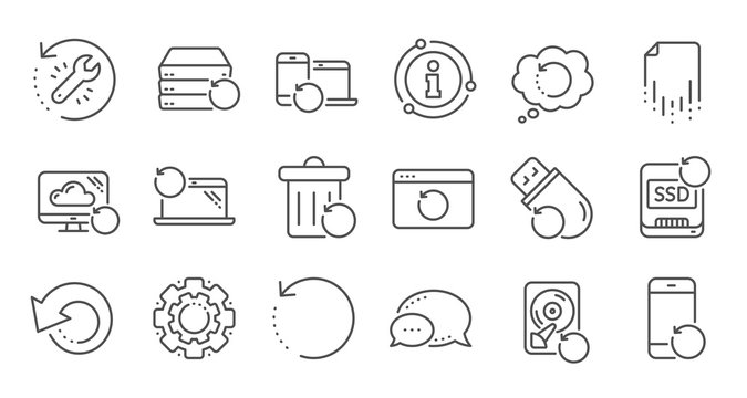 Recovery line icons. Backup, Restore data and recover file. Laptop renew, drive repair and phone recovery icons. Linear set. Quality line set. Vector