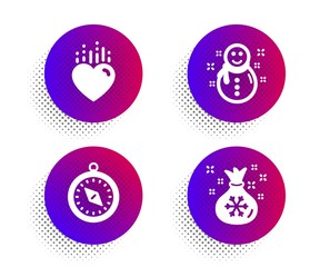Heart, Travel compass and Snowman icons simple set. Halftone dots button. Santa sack sign. Love, Trip destination, New year. Gifts bag. Holidays set. Classic flat heart icon. Vector