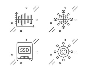 Diagram chart, Ssd and Logistics network line icons set. Copywriting network sign. Presentation graph, Memory disk, International tracking. Content networking. Business set. Vector