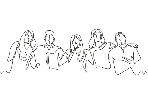 Continuous One Line Drawing Of Diversity Concept Of People With Minimalism Hand Drawn. Vector Man And Woman In The Group Of Five Persons In Different Age And Gender. Simplicity Design Illustration.
