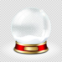 Realistic transparent snow globe with snow, isolated.