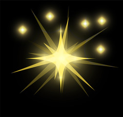 Bright glowing and shining star flares effect isolated on black background. Vector illustration