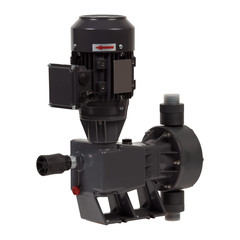 New industrial grey metal plunger pump with electric motor isolated on white background.