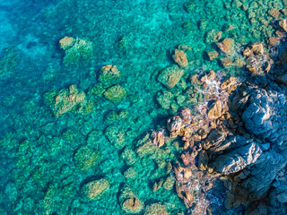 Aerial view of Tropea beach, crystal clear water and rocks that appear on the beach. Calabria, Italy. Swimmers, bathers floating on the water. Coastline of Calabria