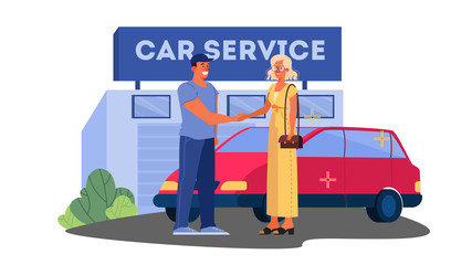 Vector illustrations of happy female driver thank car service