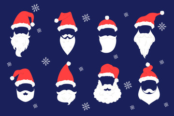 Set of vector illustratiion of Santa Claus hats, moustache and beard.