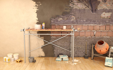 Renovation of walls, scaffolding and concrete mixer, 3d illustration