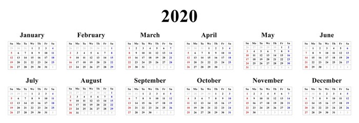 Year 2020 calendar with simple minimalistic design, English version, raster - 301980131