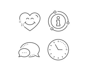 Smile face line icon. Chat bubble, info sign elements. Happy emoticon chat sign. Heart face symbol. Linear smile face outline icon. Information bubble. Vector