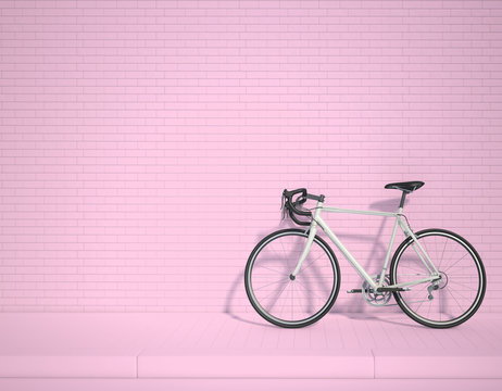White bicycle in the lower right corner of the frame 3d rendering. 3d illustration ecological urban transport. Vintage bicycle in the room against wall. Copy space. nice pink background.