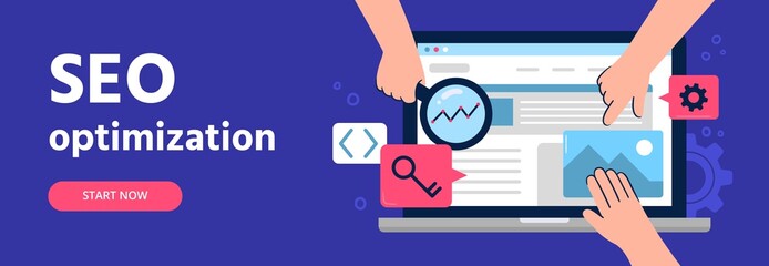 Search engine optimization and analytics. Web developers team looking for to improve site visits and conversions rate. Flat illustration with many objects like key, magnifying glass, gear and other.