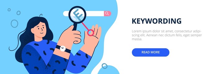 Keywording concept. Girl searching for the best keywords to improve digital advertising campaign. Flat vector illustration. Good for banners, ads, landing pages or articles.