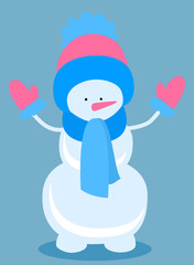 Happy snowman with knitted hat and mittens vector illustration. Snow man holding hands up.