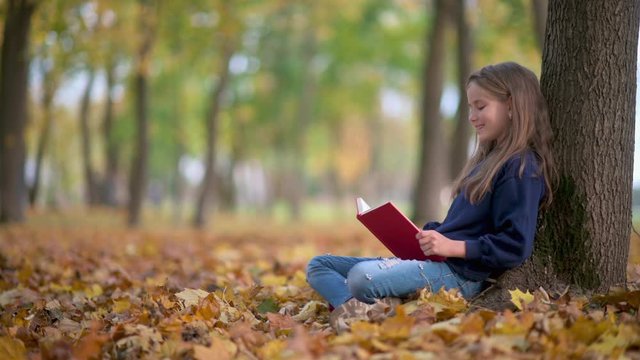 Cute girl reads a book sitting in a park under a tree. Education. Lifestyle